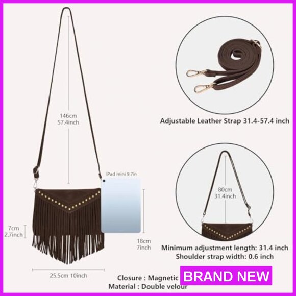 Boho Western Fringe Crossbody Purse Double Velour Suede Hobo Bag Adjustable - Picture 5 of 7